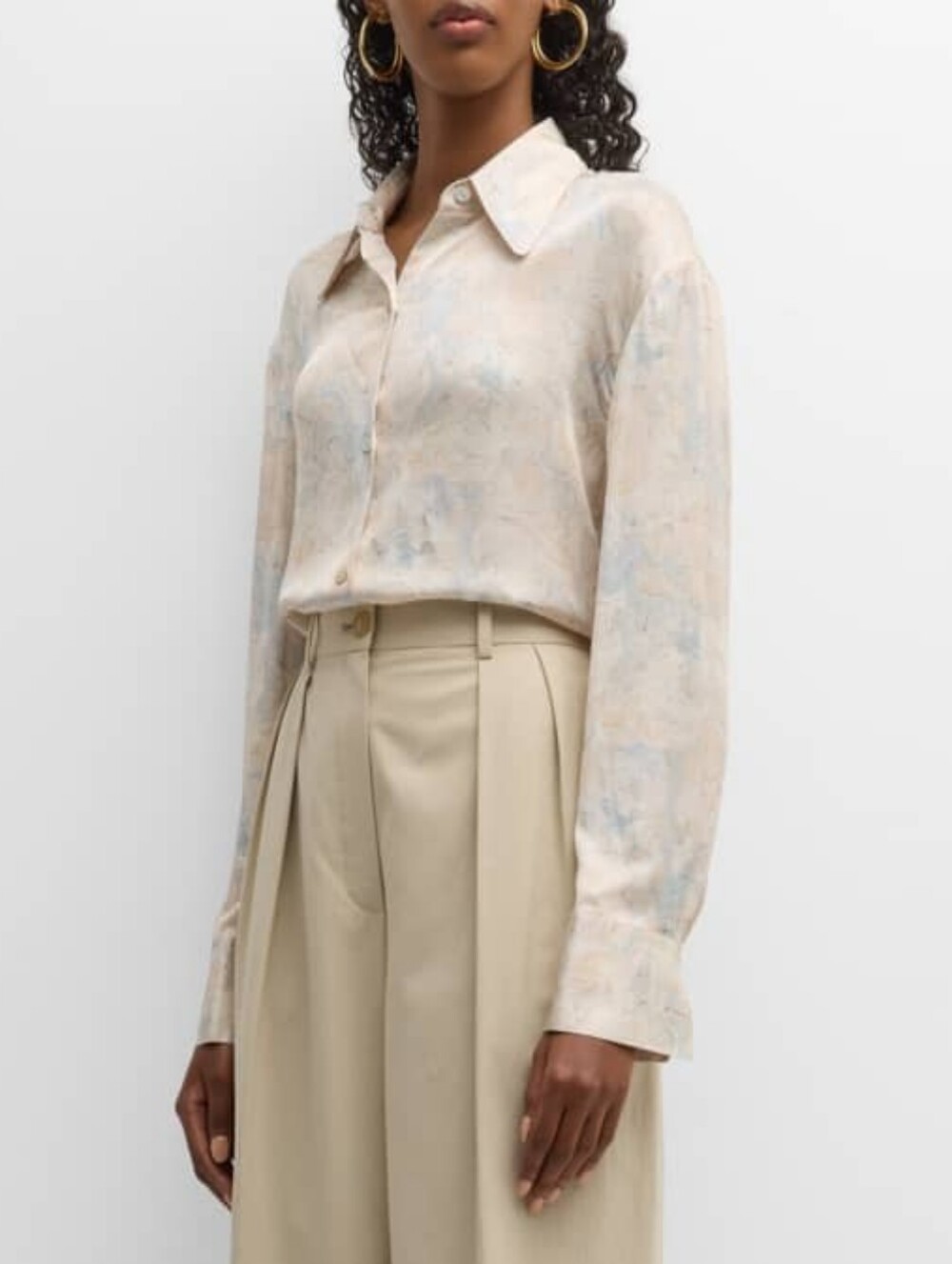 Vince Marble Print Long Sleeve Relaxed Button Front Shirt Beige Women's Size L